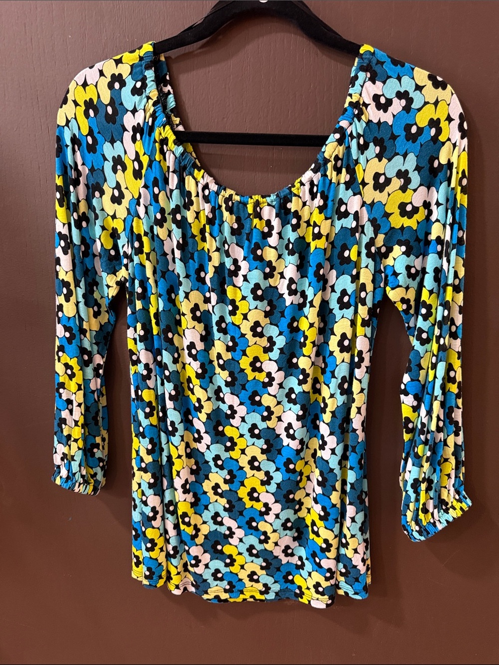 MICHAEL Michael Kors Blue, Yellow, White Floral Scoop-Neck Long Sleeve Top